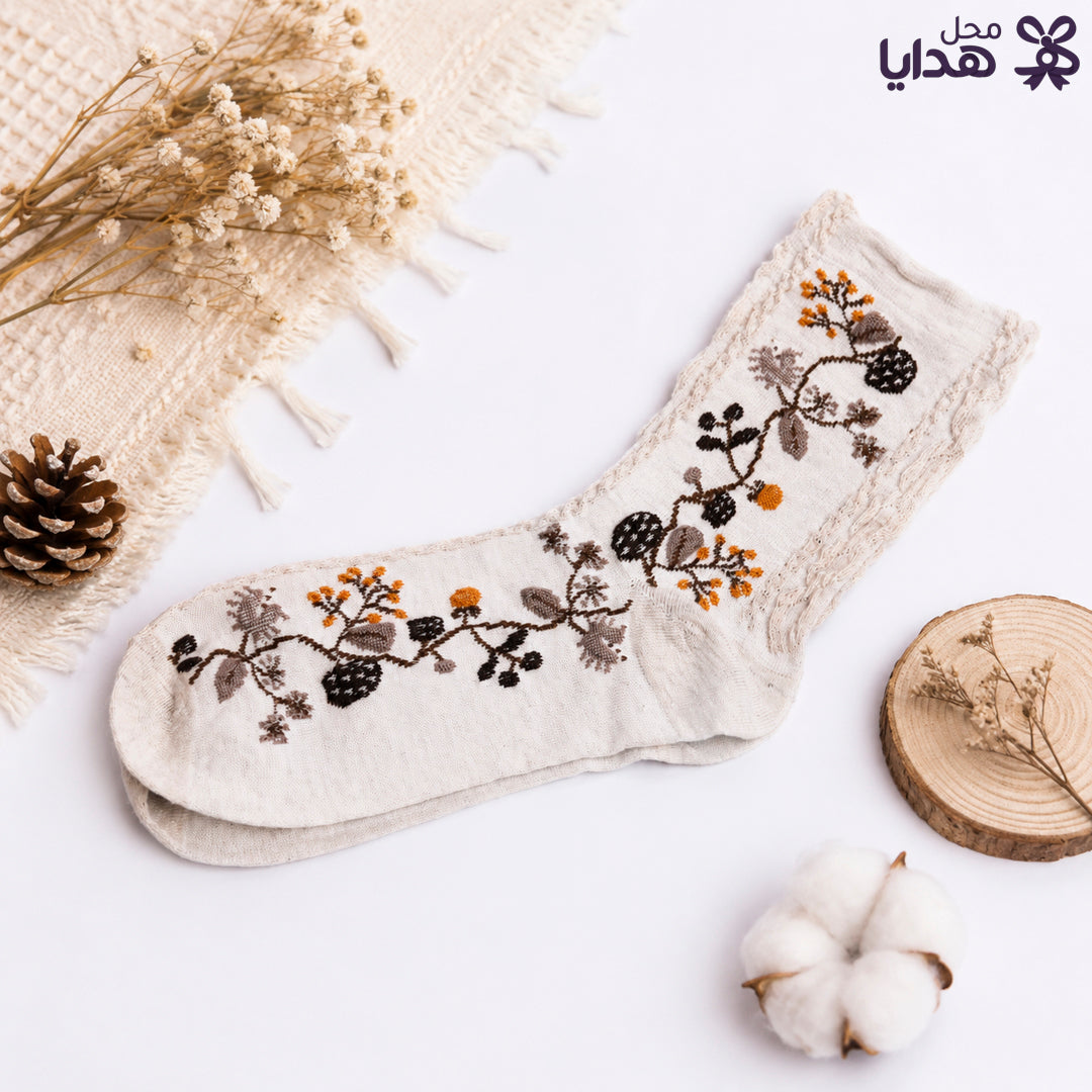 Floral Pattern Socks-Beige